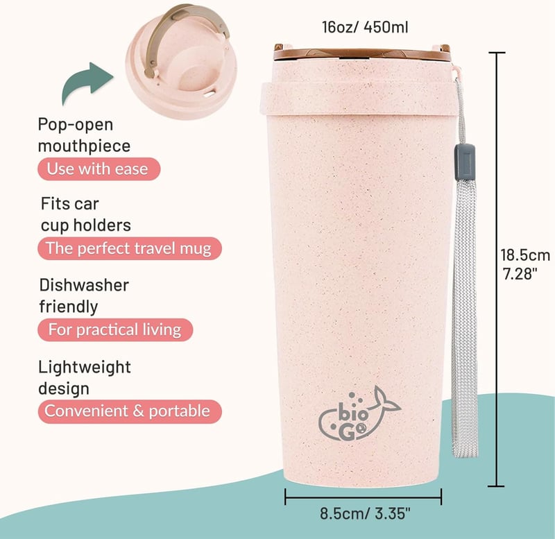 Reusable Pink Travel Coffee Cup - 16oz Rice Husk Tumbler