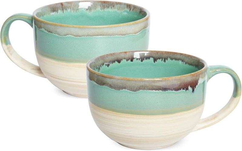Large Green Ceramic Coffee Mugs Set of 2, 23 Oz, Dishwasher Safe