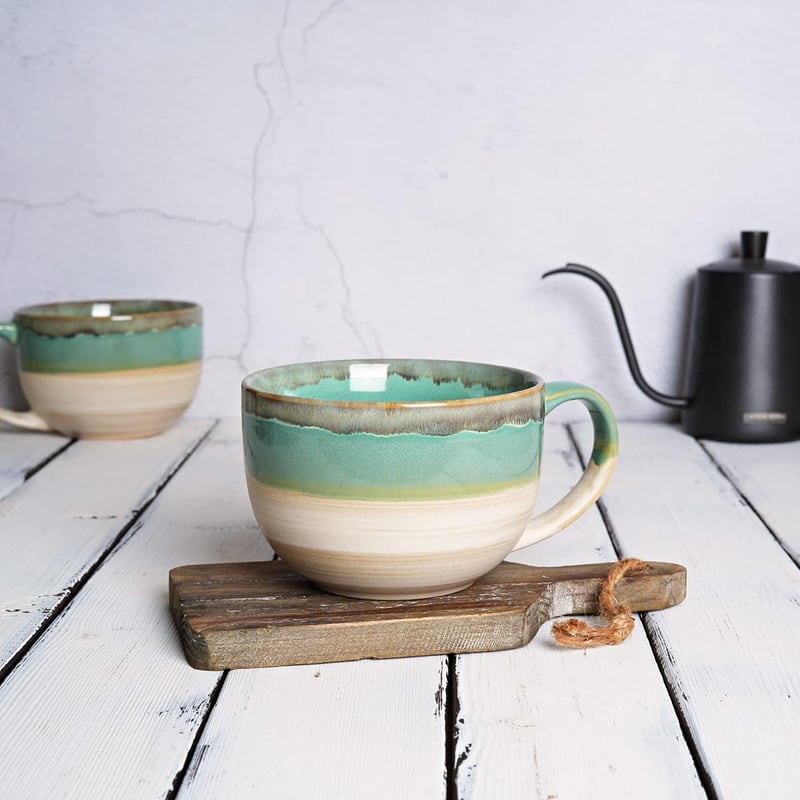 Large Green Ceramic Coffee Mugs Set of 2, 23 Oz, Dishwasher Safe