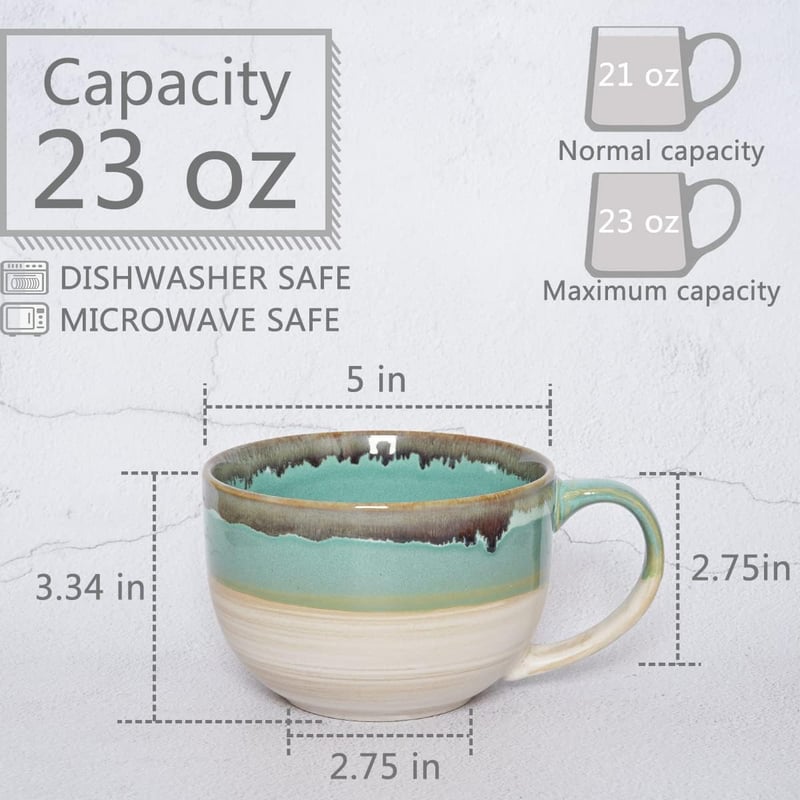 Large Green Ceramic Coffee Mugs Set of 2, 23 Oz, Dishwasher Safe