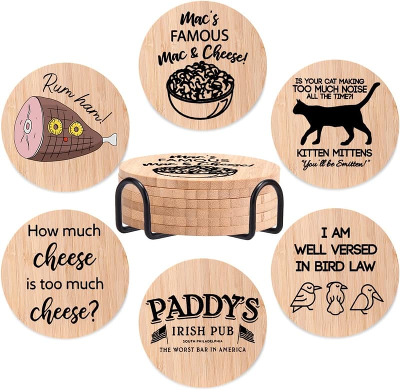 Funny Bamboo Wood Coasters Set with Holder for Housewarming