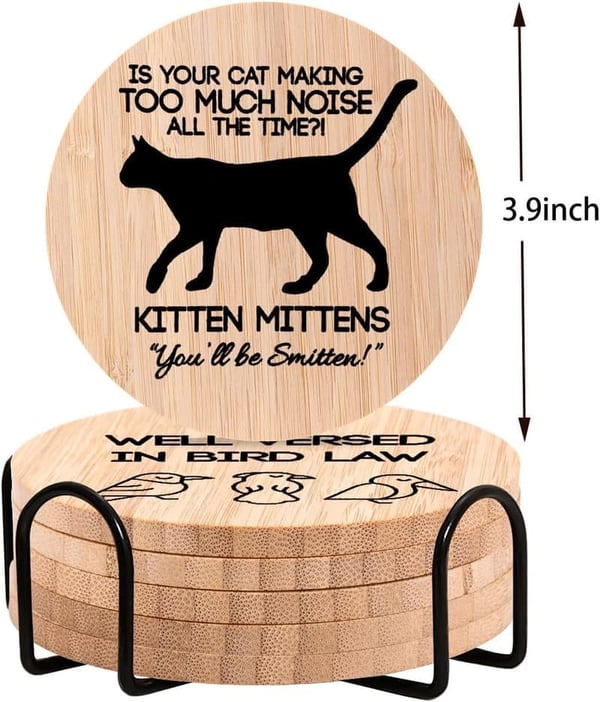 Funny Bamboo Wood Coasters Set with Holder for Housewarming