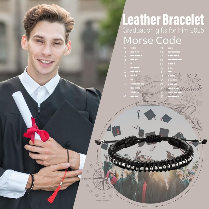 Graduation Morse Code Bracelet for Men - Adjustable Leather Gift