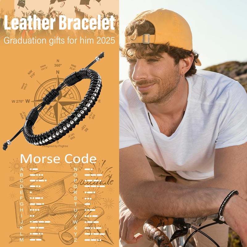 Graduation Morse Code Bracelet for Men - Adjustable Leather Gift