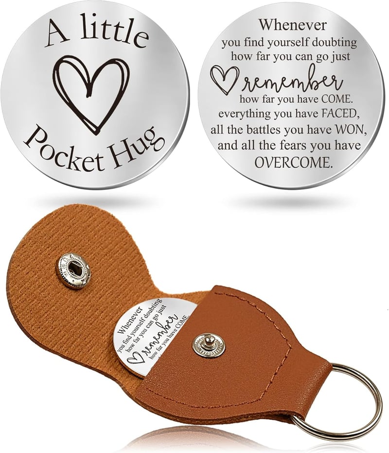 Inspirational Pocket Hug Token Gift with Leather Keychain for Men