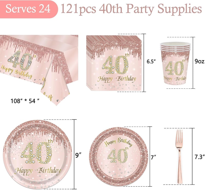 40th Birthday Rose Gold Party Supplies for 24 Guests