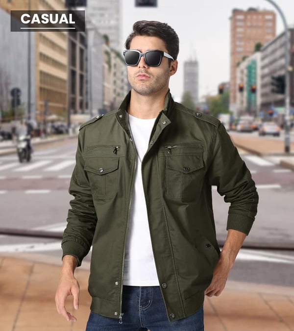 Men's Lightweight Cotton Military Windbreaker Jacket with Pockets