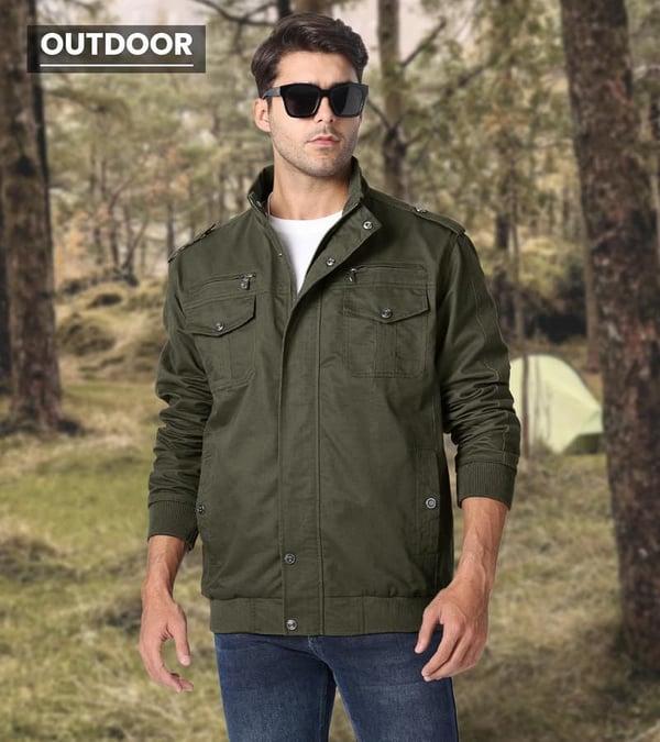Men's Lightweight Cotton Military Windbreaker Jacket with Pockets