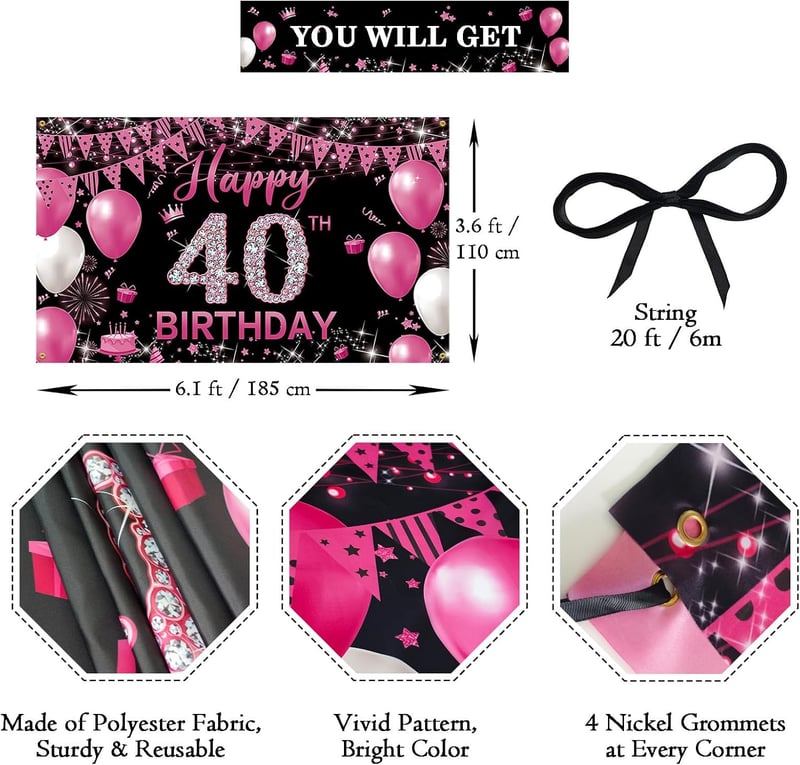 Happy 40th Birthday Banner - Hot Pink Fabric Backdrop (6.1 x 3.6ft)