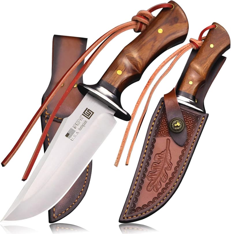 10.5-Inch USA 440C Steel Hunting Knife with Leather Sheath