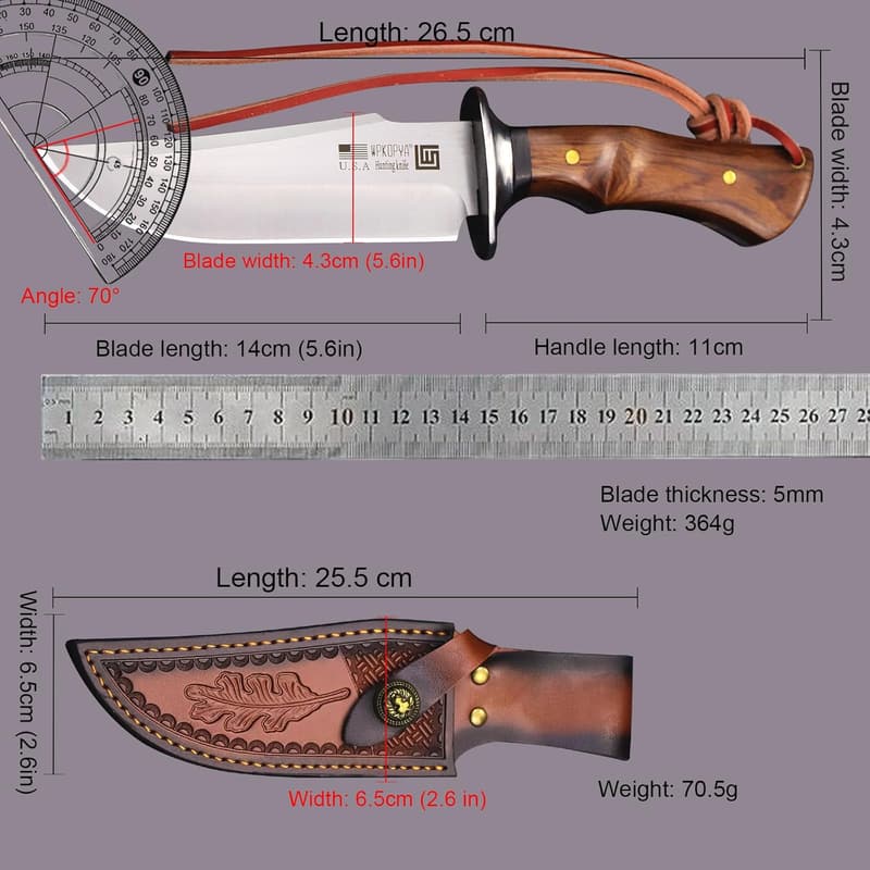 10.5-Inch USA 440C Steel Hunting Knife with Leather Sheath