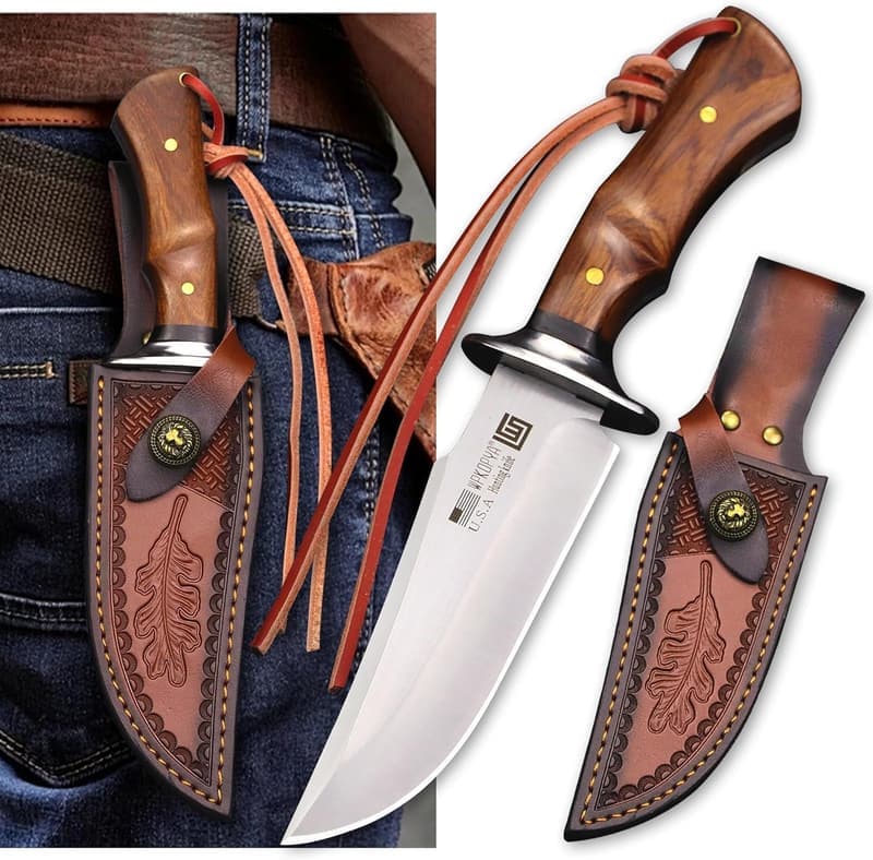 10.5-Inch USA 440C Steel Hunting Knife with Leather Sheath