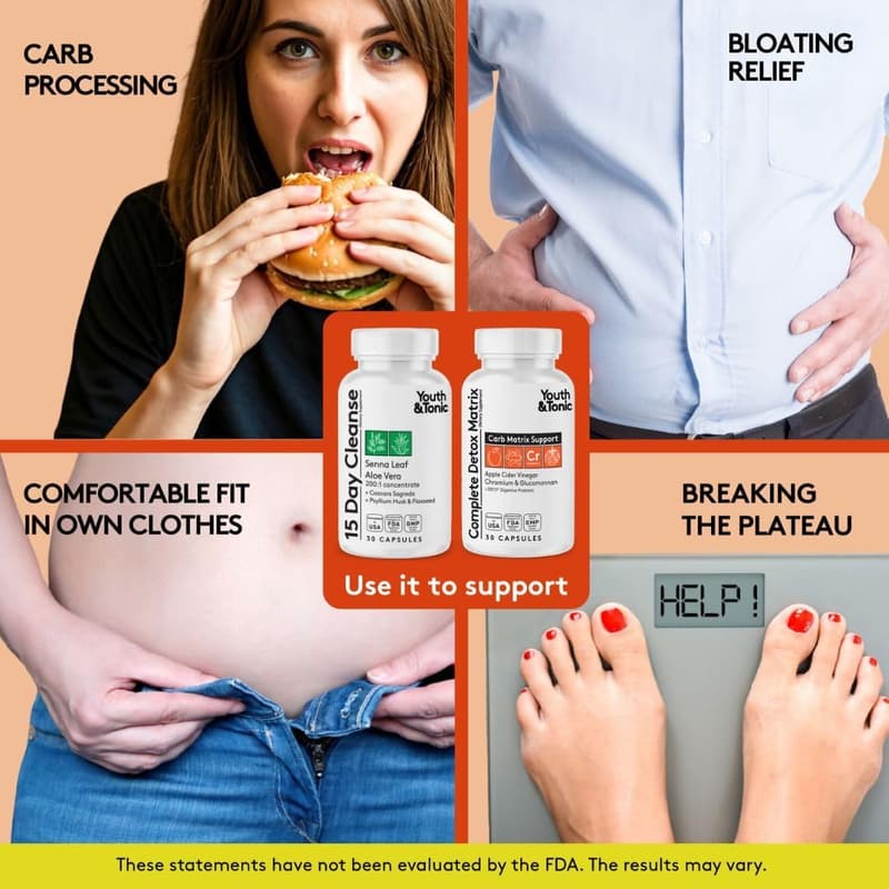 15-Day Detox Cleanse & Carb Support for Gut Health, 60 Pills