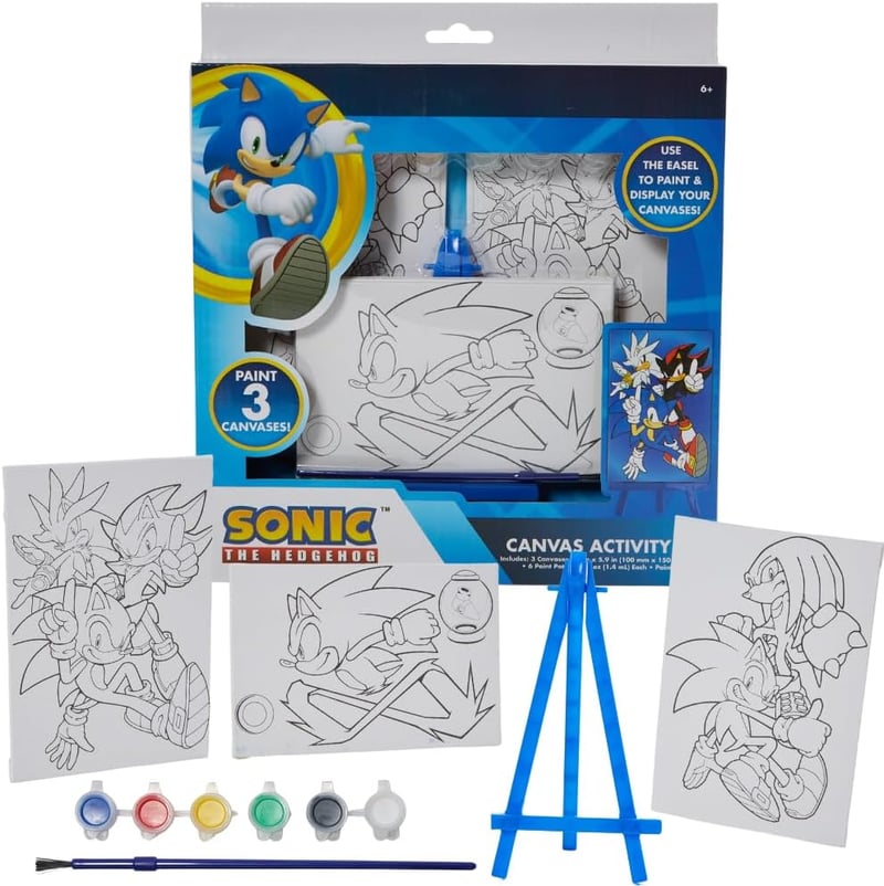 Sonic the Hedgehog Canvas Paint Set for Kids - 3 Canvases, Acrylic Paint, Brush & Easel
