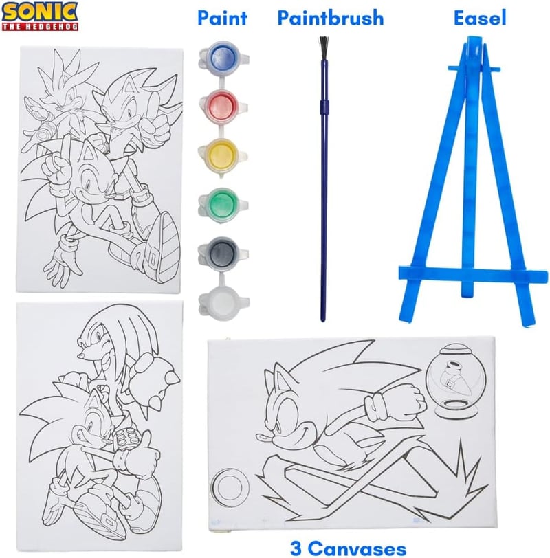 Sonic the Hedgehog Canvas Paint Set for Kids - 3 Canvases, Acrylic Paint, Brush & Easel