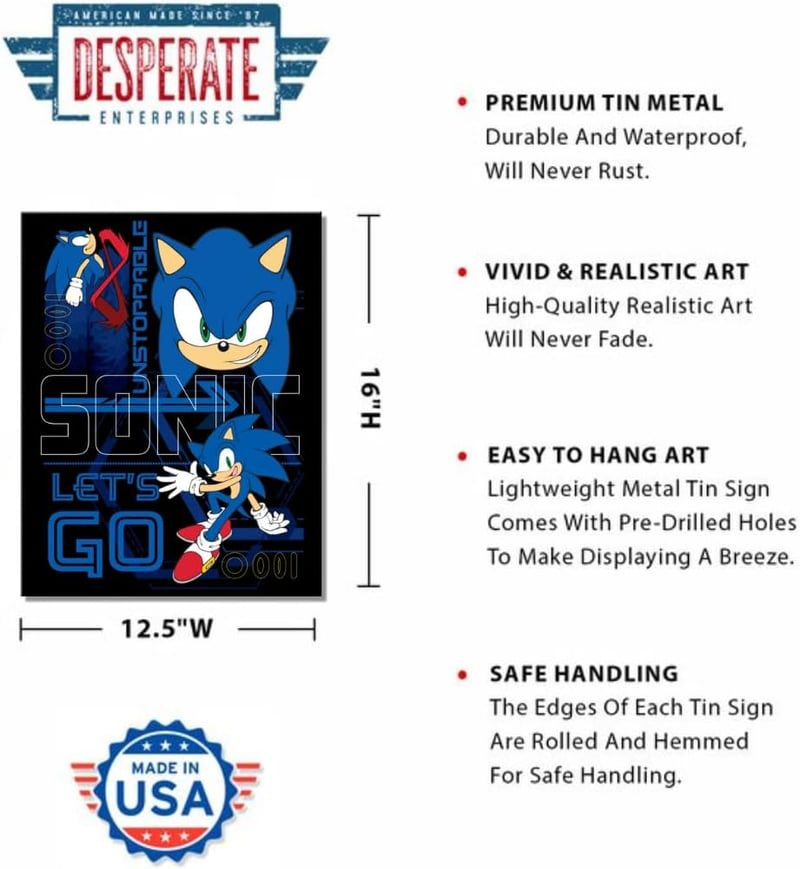 Sonic the Hedgehog Tin Sign - Boys Room Wall Décor - USA-Made
