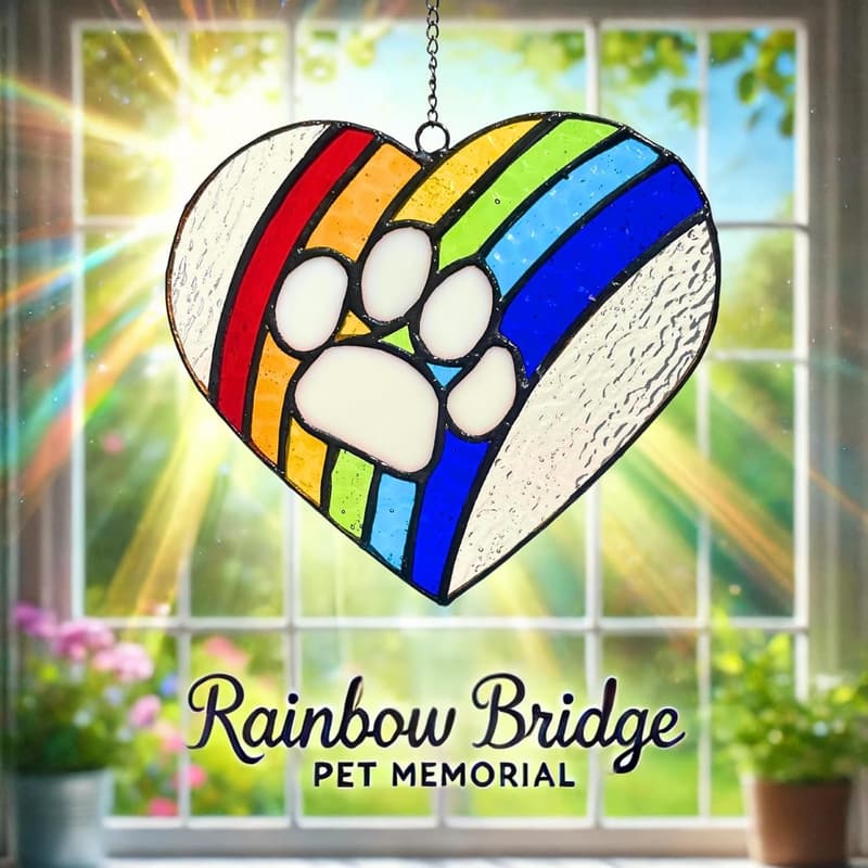 Dog Memorial Heart Paw Print Stained Glass Suncatcher