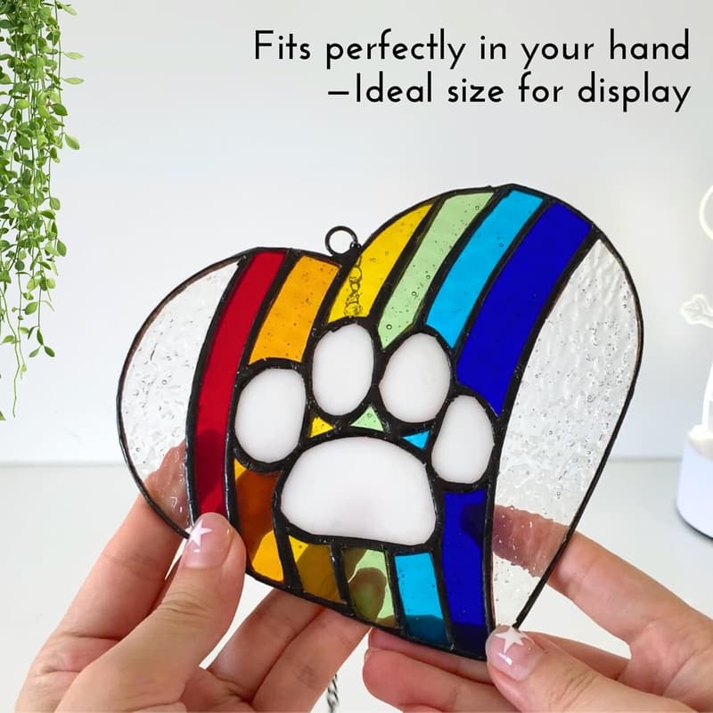 Dog Memorial Heart Paw Print Stained Glass Suncatcher