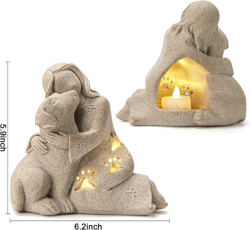 Pet Loss Sympathy Gift: Hand-Sculpted Granite Dog Memorial with LED Candle Holder