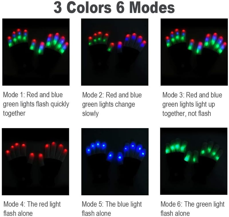 LED Gloves for Kids & Teens - 6 Flashing Modes, Rave & Party Gift