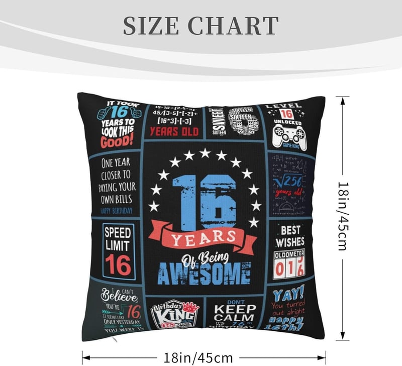 16th Birthday Throw Pillow Cover for Boys - 18x18 Inch