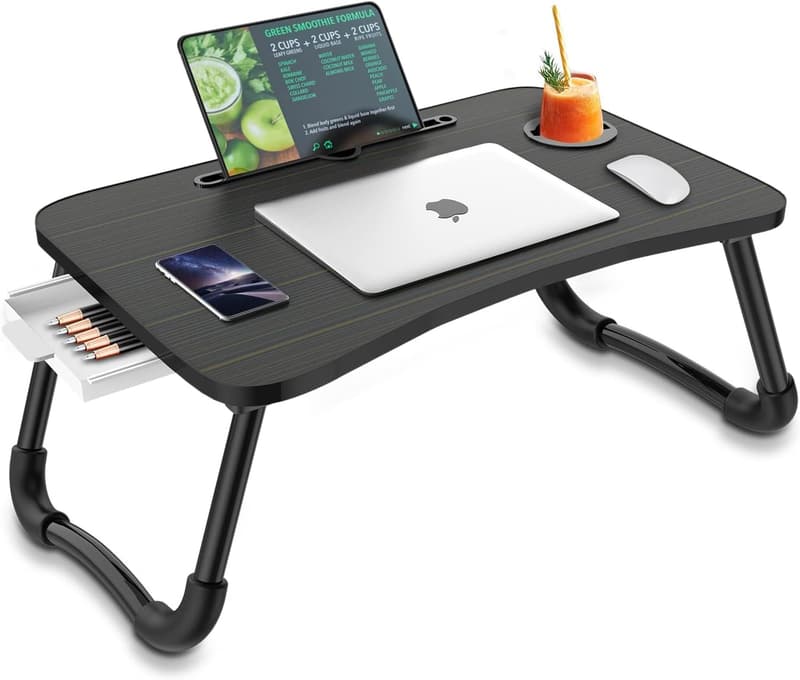 Foldable Laptop Bed Table with Storage & Water Bottle Holder