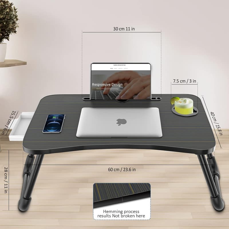 Foldable Laptop Bed Table with Storage & Water Bottle Holder
