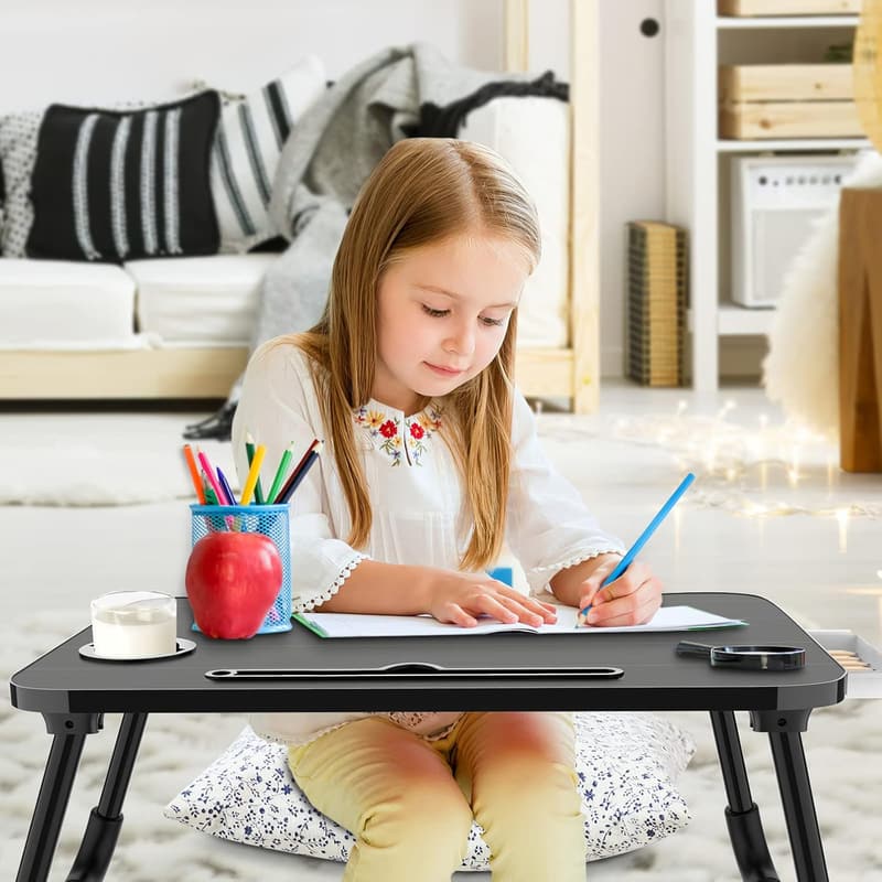 Foldable Laptop Bed Table with Storage & Water Bottle Holder