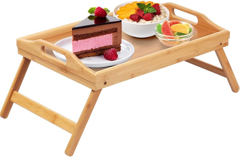 Bamboo Folding Bed Tray Table with Handles for Breakfast and Snacks