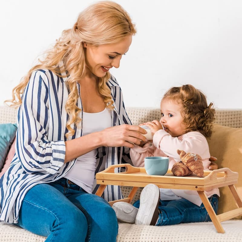 Bamboo Folding Bed Tray Table with Handles for Breakfast and Snacks