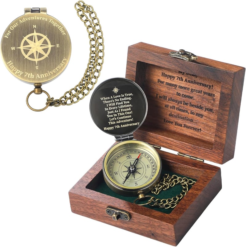 7th Anniversary Personalized Compass Gift with Walnut Box