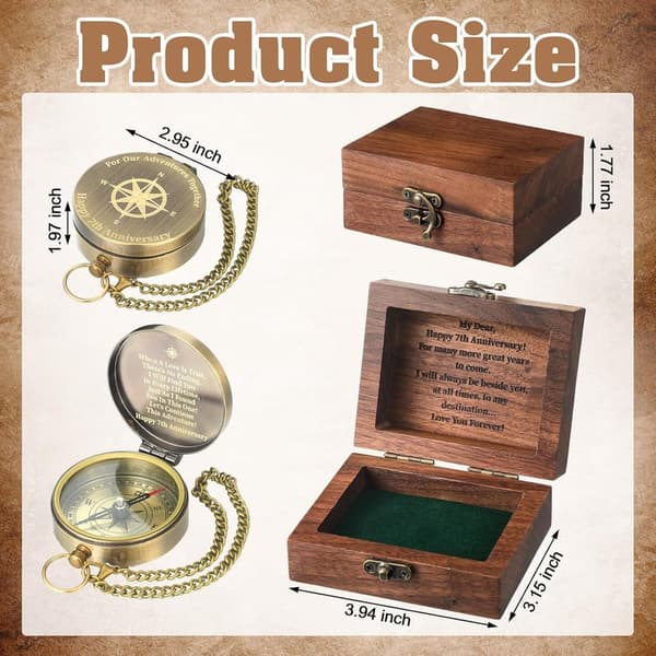 7th Anniversary Personalized Compass Gift with Walnut Box
