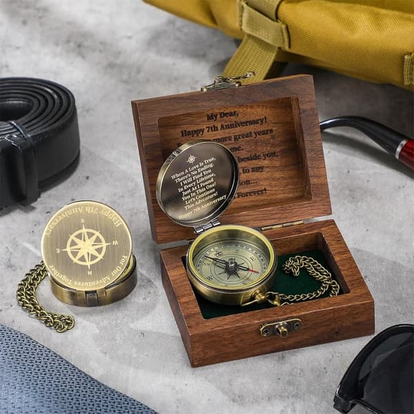 7th Anniversary Personalized Compass Gift with Walnut Box