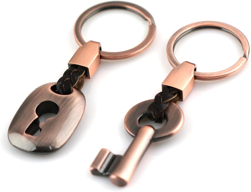 Couples Leather Keychain Ring with Copper Accent