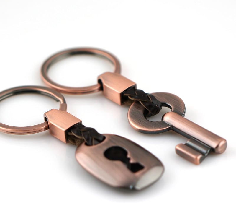 Couples Leather Keychain Ring with Copper Accent