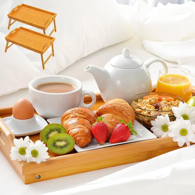 Bamboo Breakfast Bed Tray Table Set with Folding Legs
