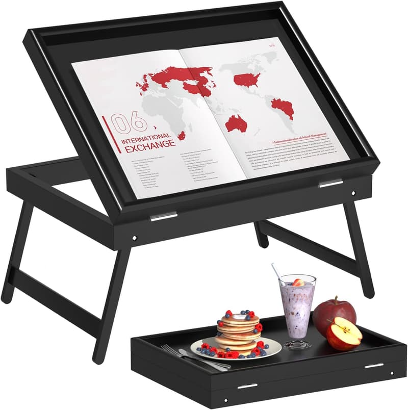 Folding Bed Tray Table for Breakfast & Snacks (Black, Medium)