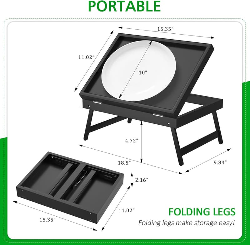 Folding Bed Tray Table for Breakfast & Snacks (Black, Medium)
