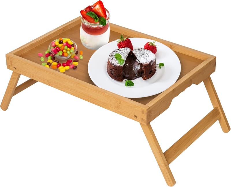 Bamboo Breakfast Bed Tray with Folding Legs and Handle