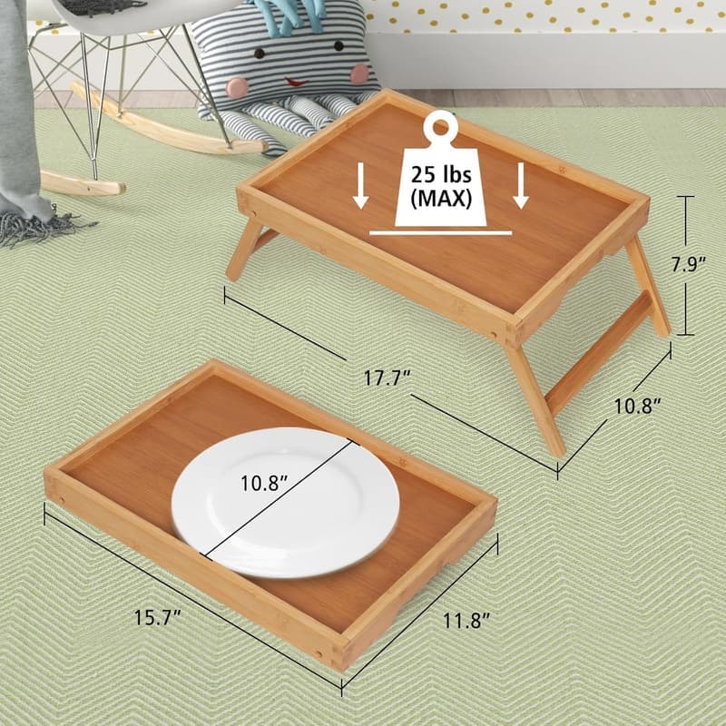 Bamboo Breakfast Bed Tray with Folding Legs and Handle