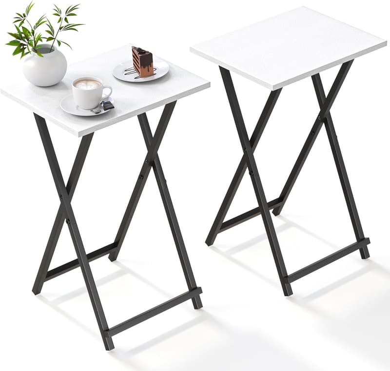 Foldable TV Trays Set of 2 - Portable White Side Tables