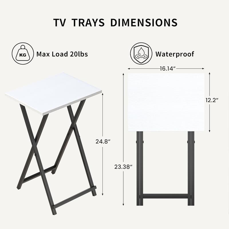 Foldable TV Trays Set of 2 - Portable White Side Tables