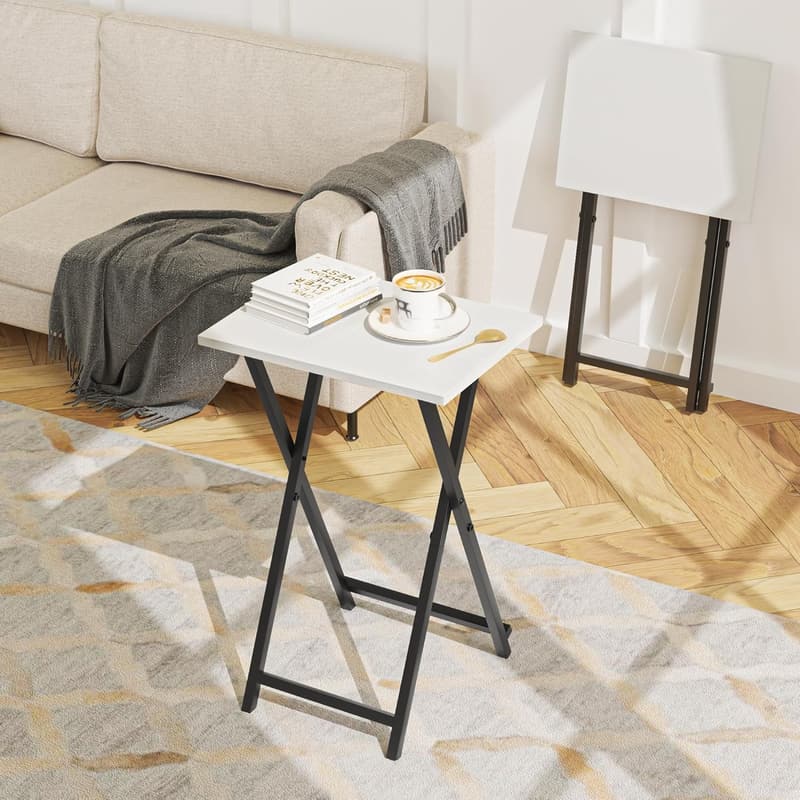 Foldable TV Trays Set of 2 - Portable White Side Tables