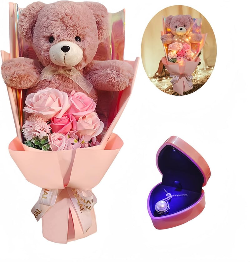 Mother's Day Pink Rose Bouquet with Teddy Bear and Pearl Necklace