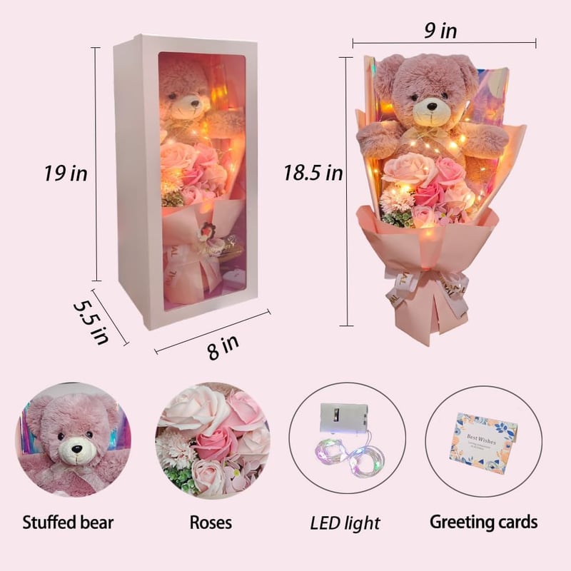 Mother's Day Pink Rose Bouquet with Teddy Bear and Pearl Necklace
