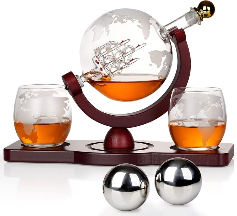 Father's Day Whiskey Decanter Globe Set with Glasses & Stones