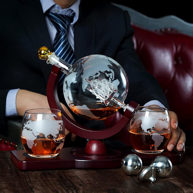 Father's Day Whiskey Decanter Globe Set with Glasses & Stones