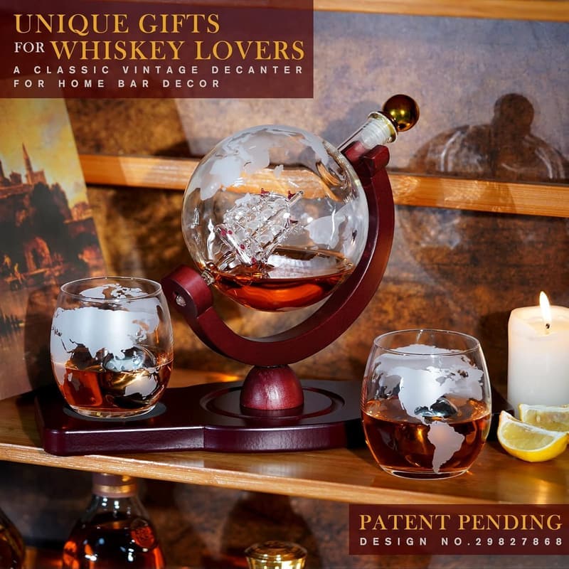 Father's Day Whiskey Decanter Globe Set with Glasses & Stones