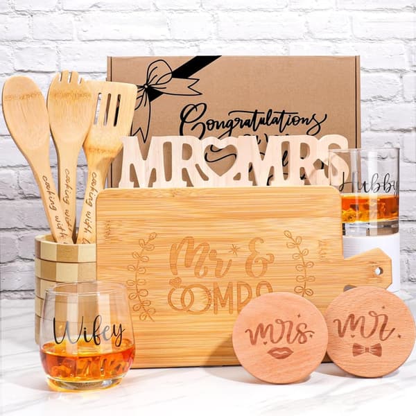 Couples' Wedding Gift Basket with Cutting Board & Wine Glasses