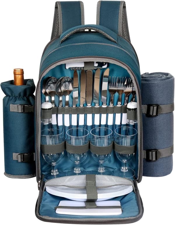 Picnic Basket Backpack for 4 with Cooler & Cutlery Set